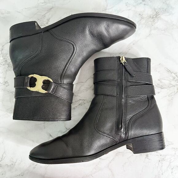 Tory Burch Gemini Goldtone Link Black Leather Flat Ankle Boots women’s size 8 - Picture 10 of 16